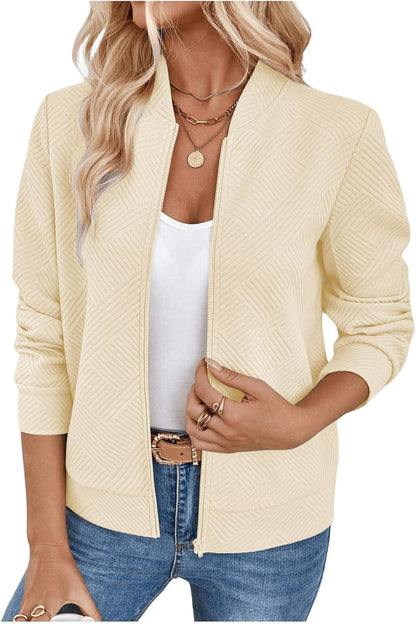 Verdusa Women's Zip Up Textured Lightweight Bomber Jacket Casual Long Sleeve Outerwear