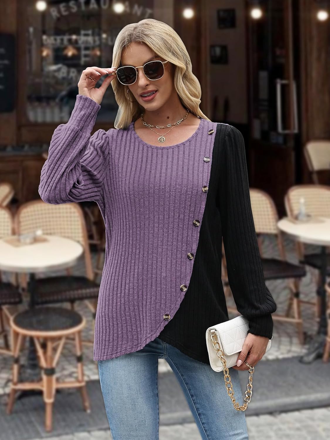 MixShe Womens Knit Sweaters 2025 Fall Winter Casual Long Sleeve Ribbed Colorblock Button Pullover Tops