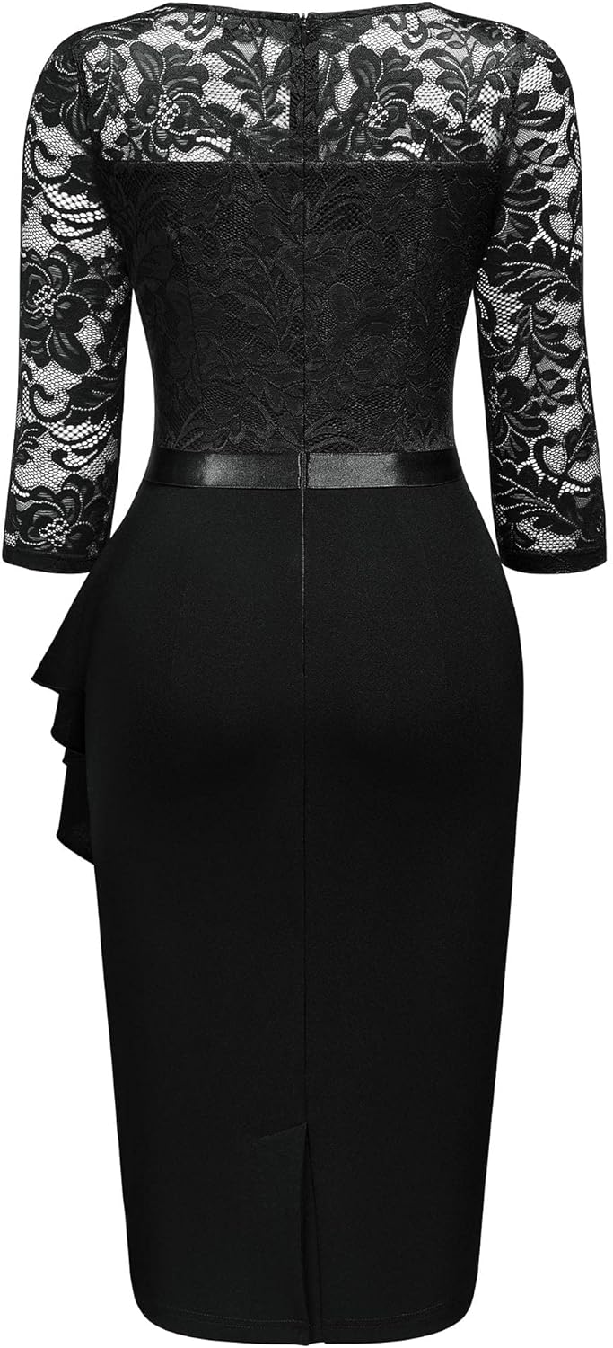 Miusol Women's Retro V Neck Floral Lace Ruffle Style Cocktail Party Dress