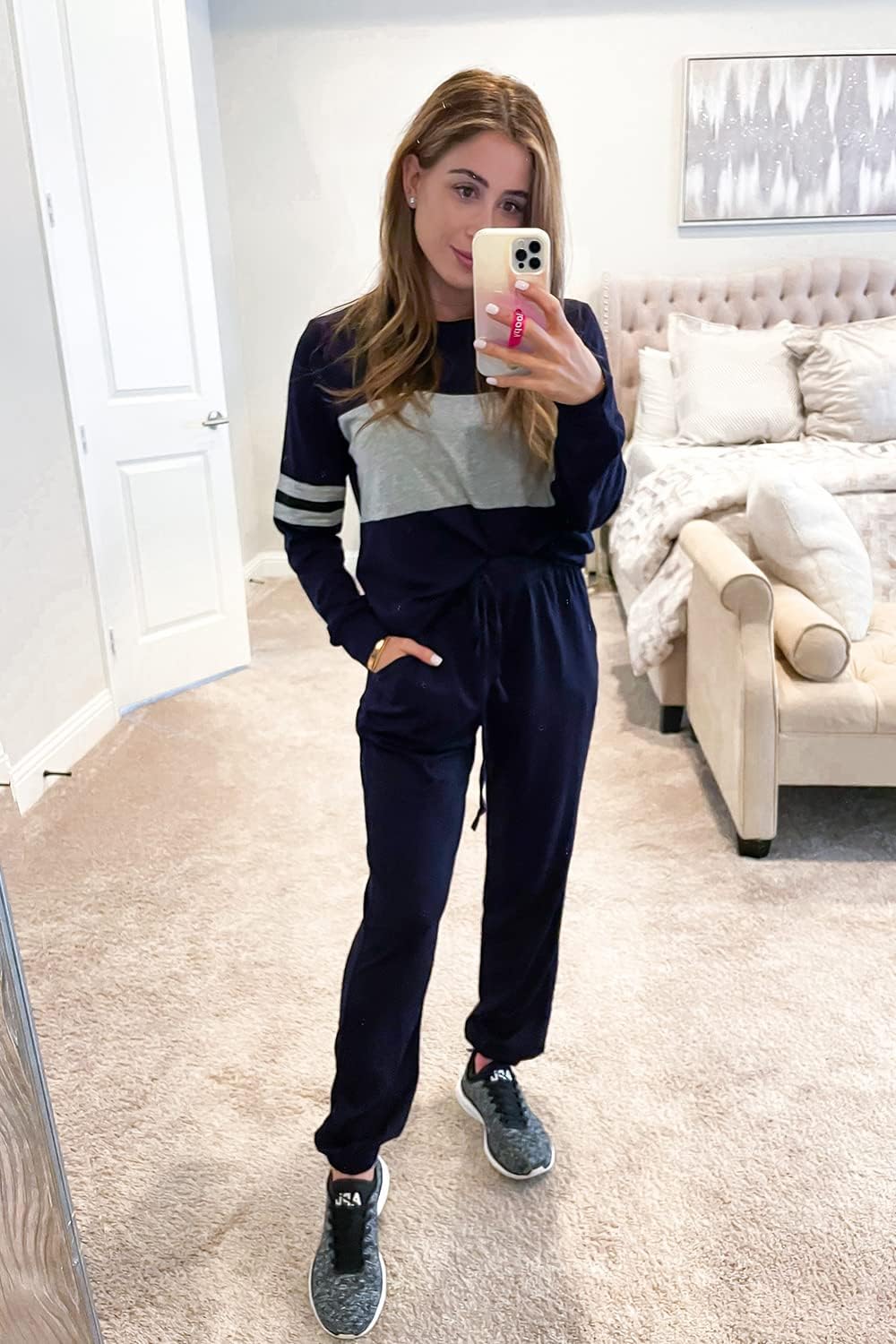 PRETTYGARDEN Women's Color Block 2 Piece 2025 Fall Tracksuit Crewneck Long Sleeve Tops Long Sweatpants Outfits Lounge Sets