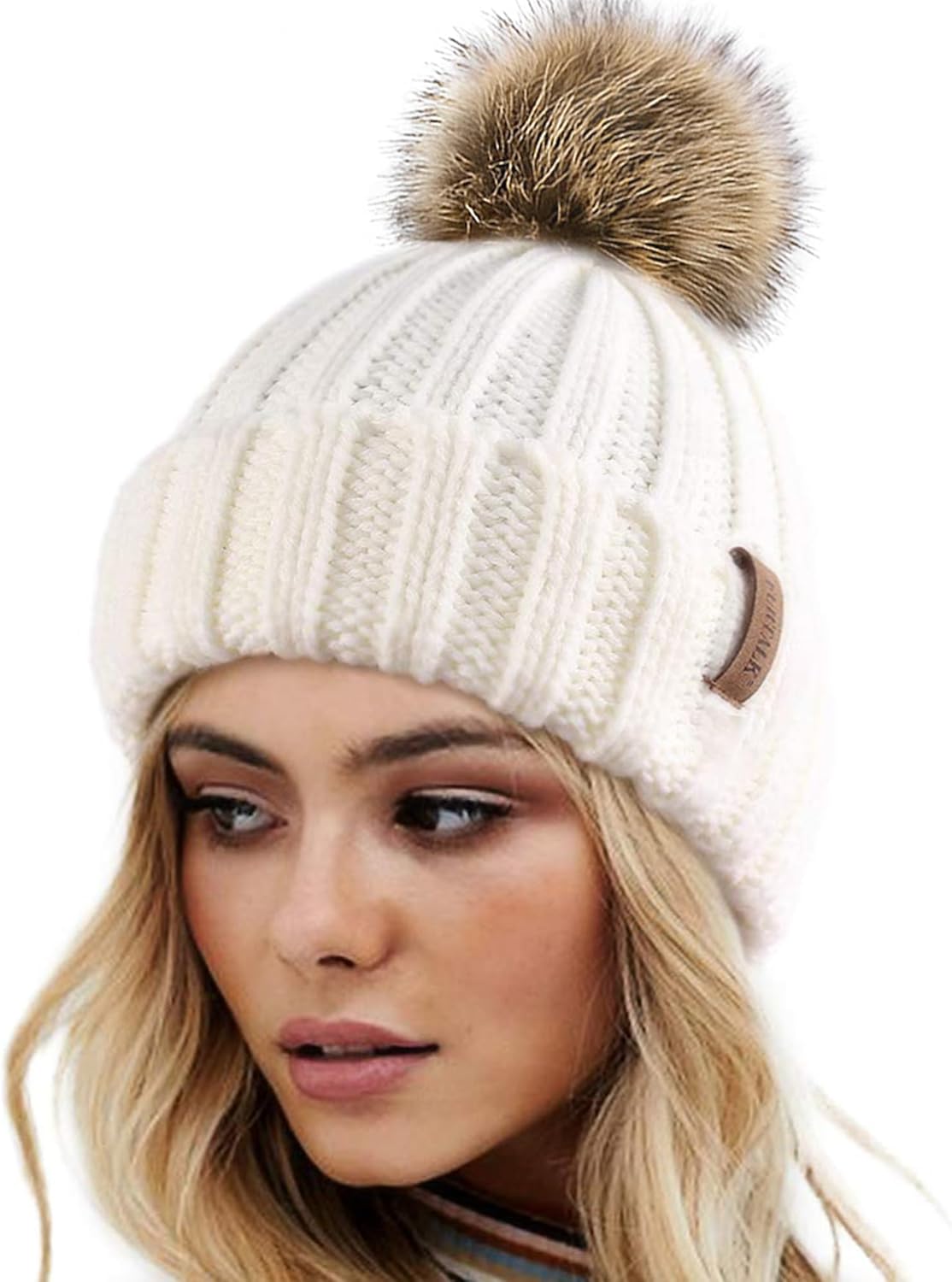 Beanie Hat with Faux Fur Pom