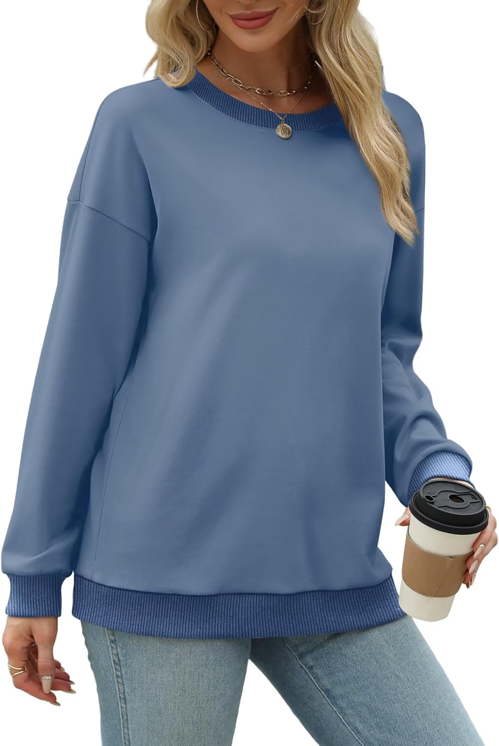 WIHOLL Sweatshirts for Women Crewneck Long Sleeve Loose Fit Sweaters Color Block Ribbed Trim Womens Tops Fall Fashion 2025