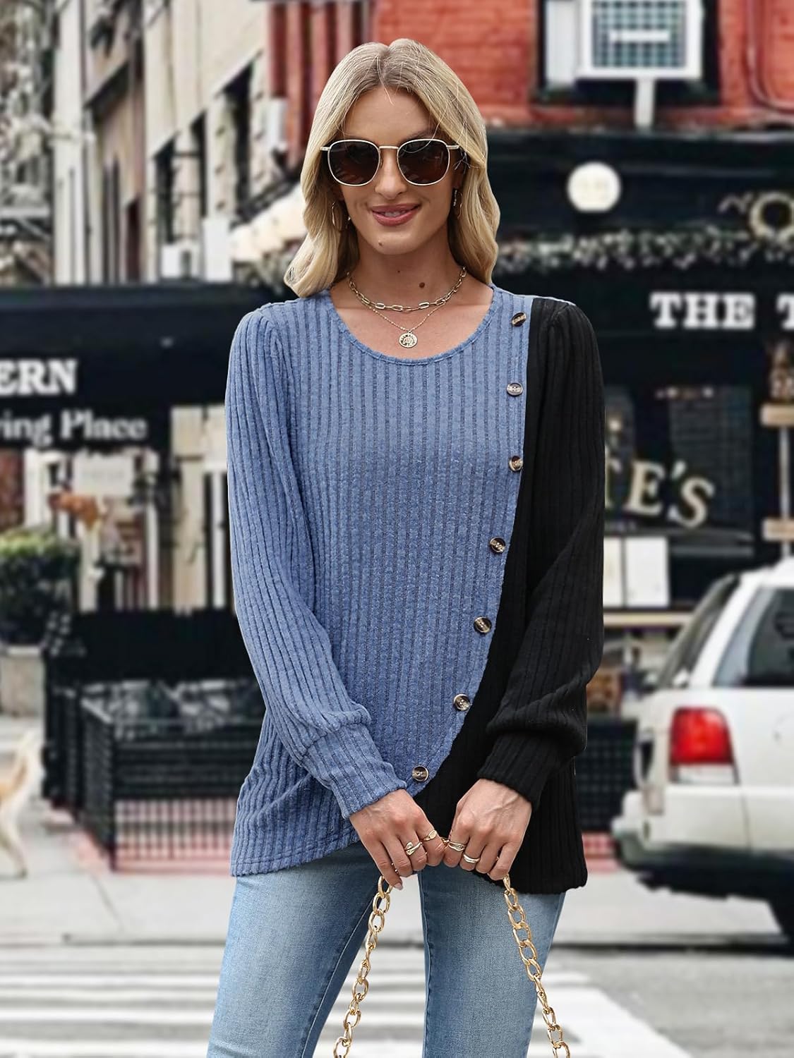MixShe Womens Knit Sweaters 2025 Fall Winter Casual Long Sleeve Ribbed Colorblock Button Pullover Tops