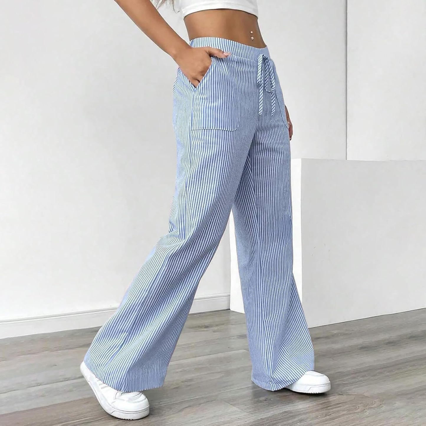 Women's Fashion Striped Cotton Linen Pants Casual Drawstring Waist Wide Leg Pants 2025 Trendy Baggy Beach Trousers