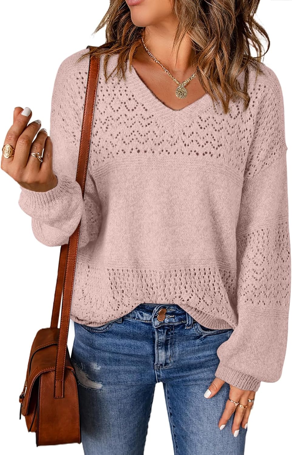 Womens Sweaters Causal Long Sleeve V Neck Lightweight Corchet Pullover Sweater Tops