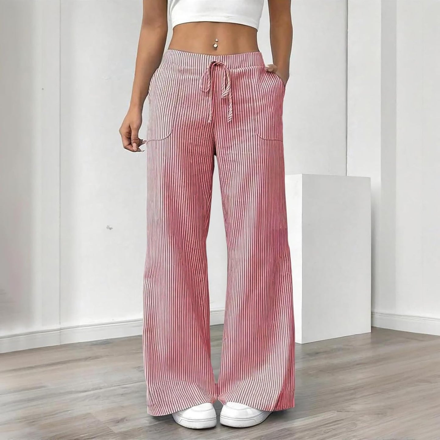 Women's Fashion Striped Cotton Linen Pants Casual Drawstring Waist Wide Leg Pants 2025 Trendy Baggy Beach Trousers