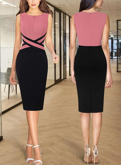 VFSHOW Womens Colorblock Patchwork Slim Front Zipper Work Business Office Party Bodycon Pencil Sheath Dress