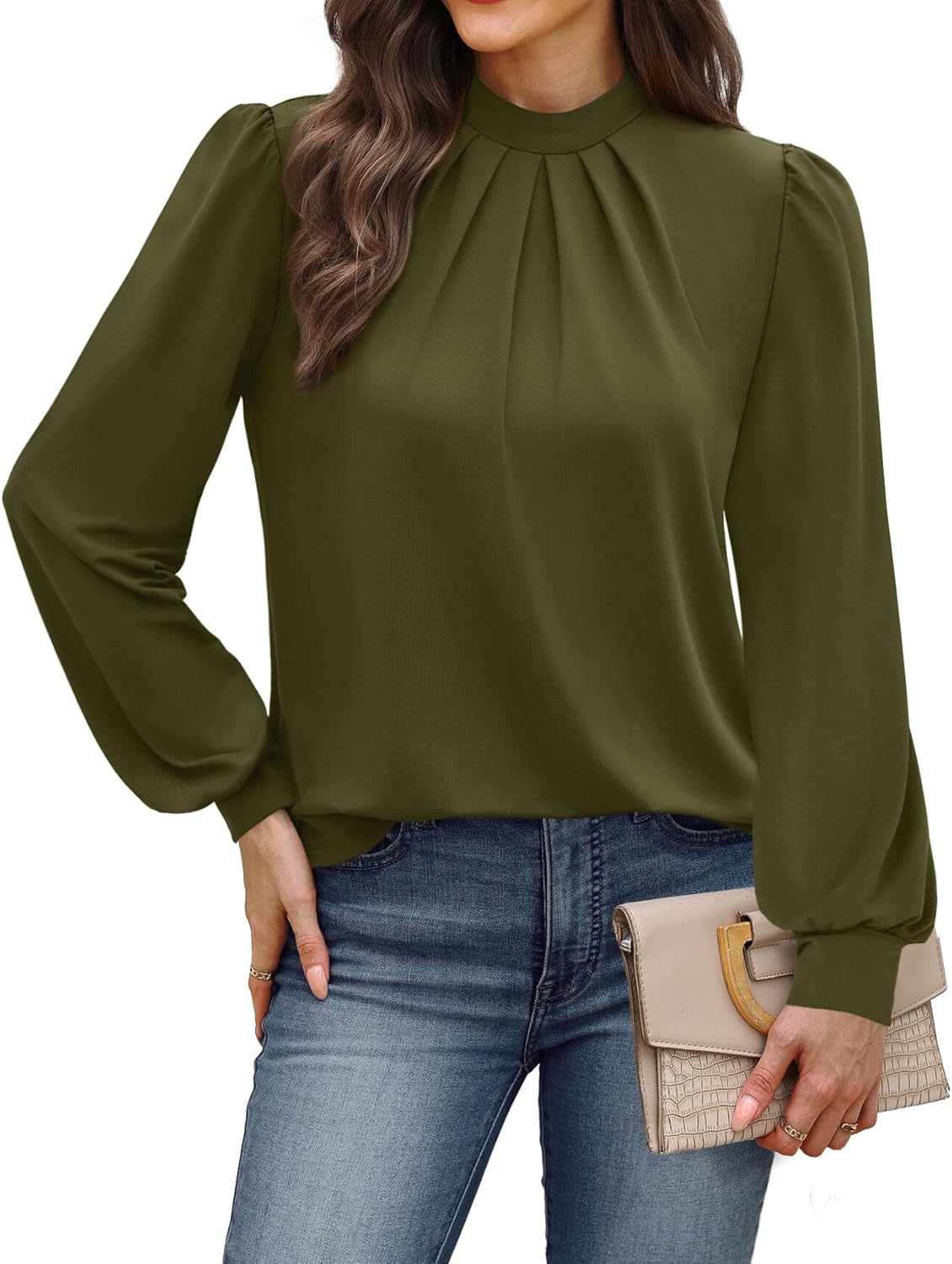 WIHOLL Long Sleeve Shirts for Women Mock Neck Tops Pleated Front Blouses Dressy Casual Fall Clothes 2025 Fashion