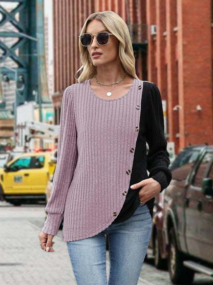 MixShe Womens Knit Sweaters 2025 Fall Winter Casual Long Sleeve Ribbed Colorblock Button Pullover Tops
