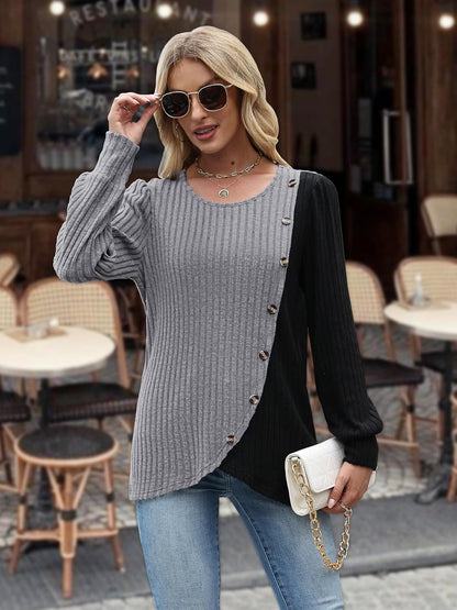 MixShe Womens Knit Sweaters 2025 Fall Winter Casual Long Sleeve Ribbed Colorblock Button Pullover Tops