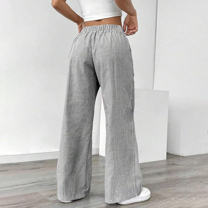 Women's Fashion Striped Cotton Linen Pants Casual Drawstring Waist Wide Leg Pants 2025 Trendy Baggy Beach Trousers