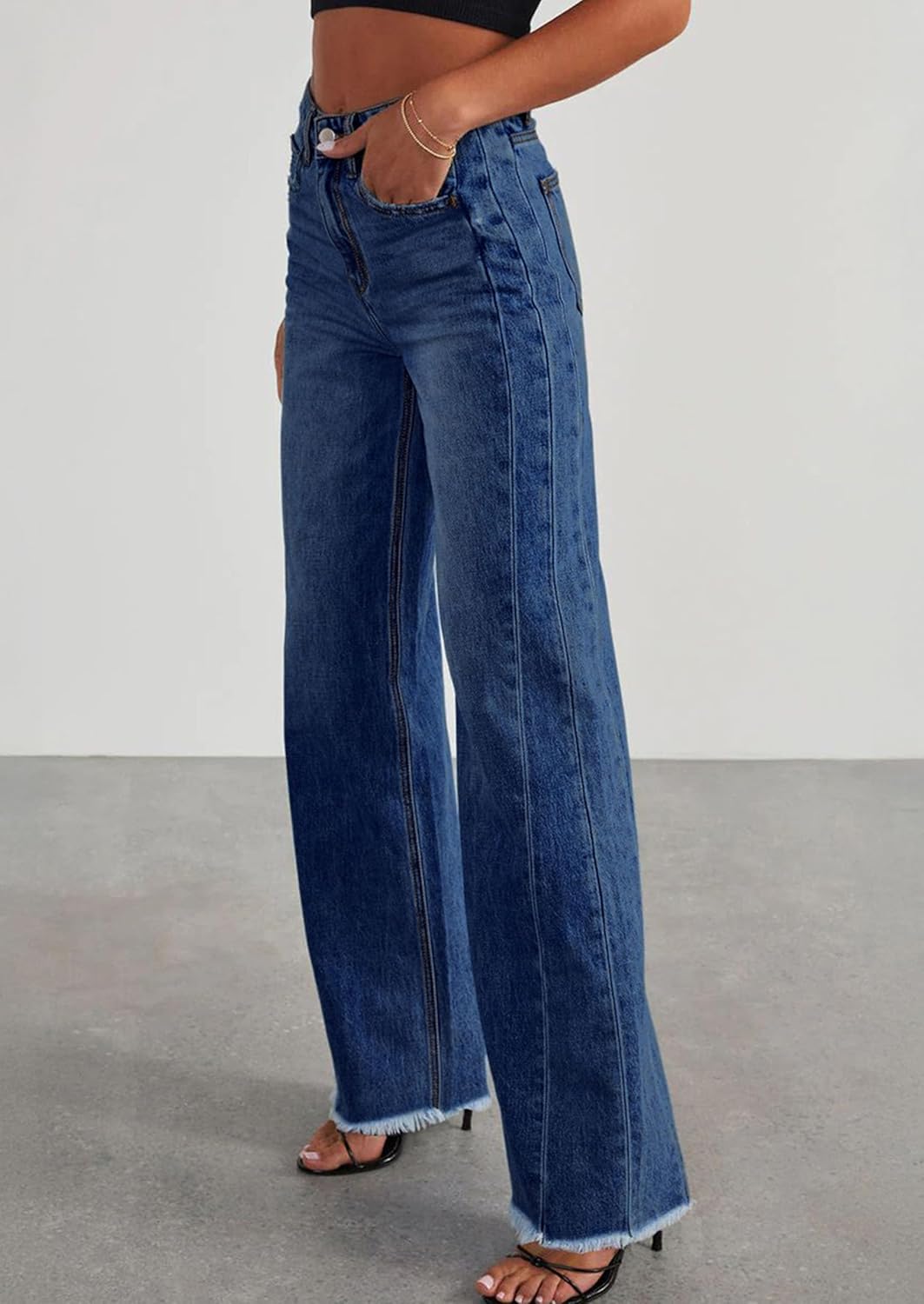 PRETTYGARDEN Wide Leg Jeans for Women Trendy 2025 High Waisted Stretchy Baggy Raw Hem Denim Palazzo Pants with Pockets