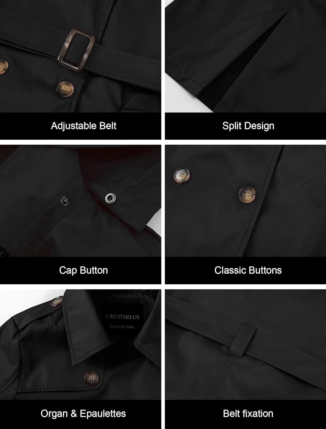 CREATMO US Women's Trench Coat Double-Breasted Classic Lapel Overcoat Belted Slim Outerwear Coat with Detachable Hood