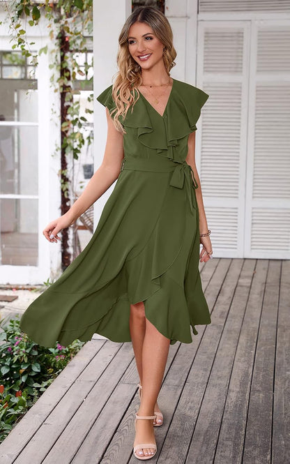 PRETTYGARDEN Women's 2025 Summer Cross Midi Dress Casual Boho Deep V Neck Short Sleeve Ruffle Hem Split Beach Long Dresses