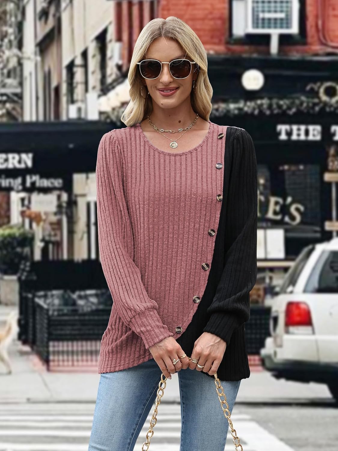 MixShe Womens Knit Sweaters 2025 Fall Winter Casual Long Sleeve Ribbed Colorblock Button Pullover Tops