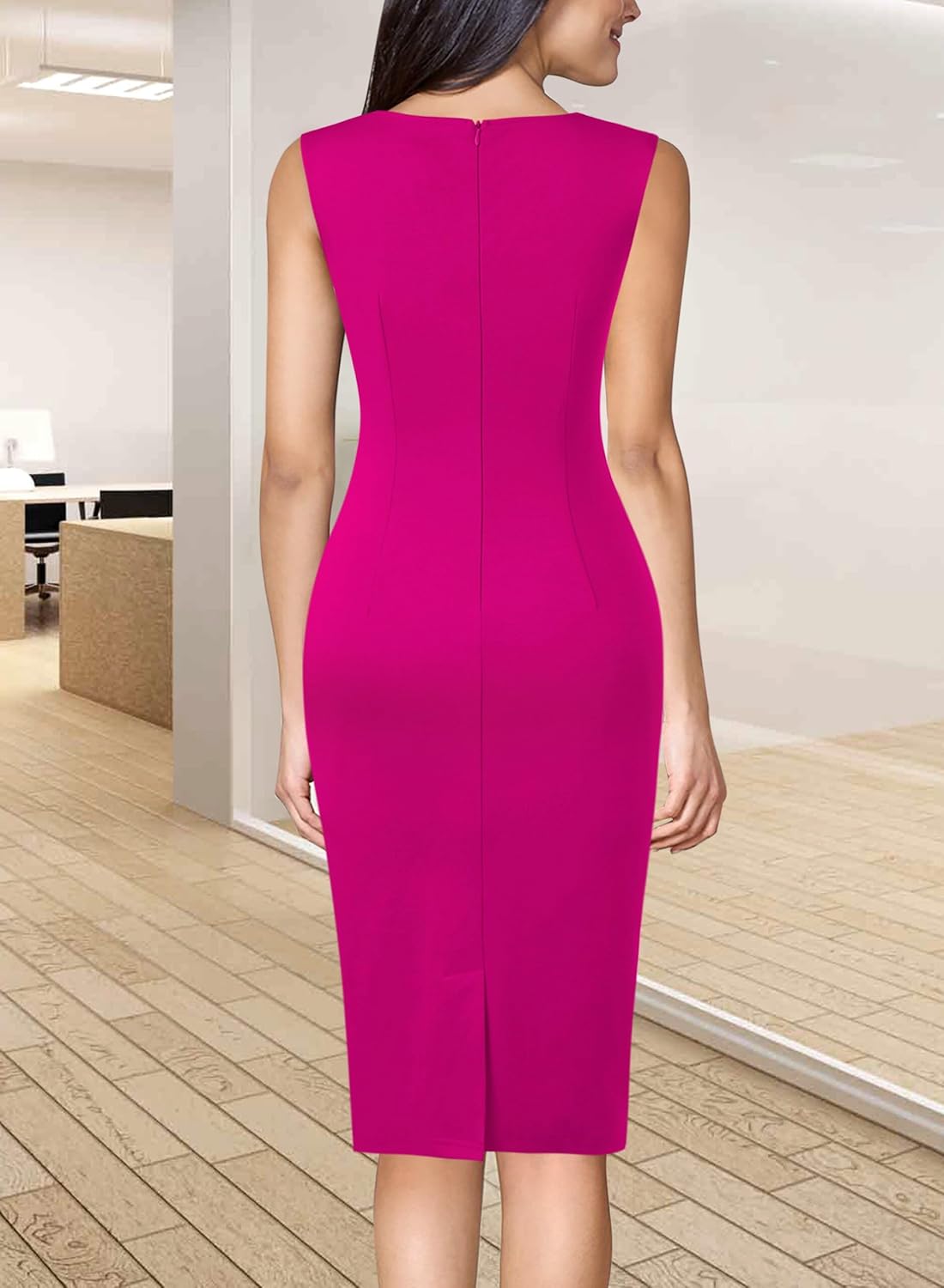 VFSHOW Womens Colorblock Patchwork Slim Front Zipper Work Business Office Party Bodycon Pencil Sheath Dress
