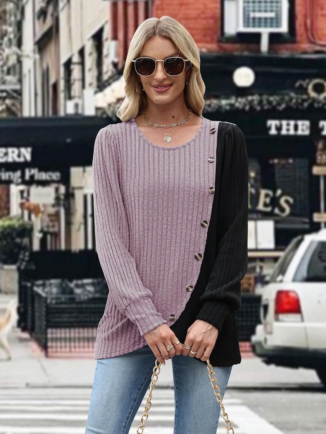 MixShe Womens Knit Sweaters 2025 Fall Winter Casual Long Sleeve Ribbed Colorblock Button Pullover Tops