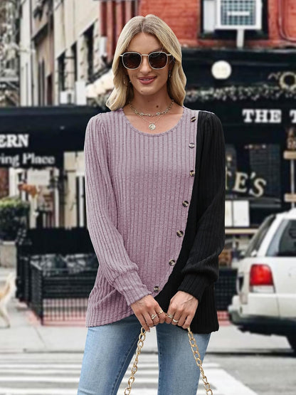 MixShe Womens Knit Sweaters 2025 Fall Winter Casual Long Sleeve Ribbed Colorblock Button Pullover Tops