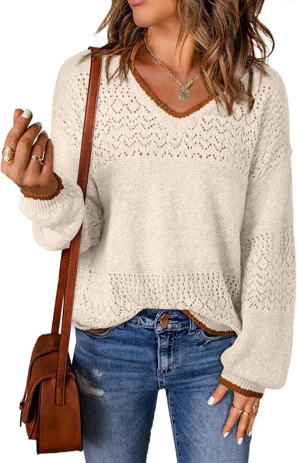 Womens Sweaters Causal Long Sleeve V Neck Lightweight Corchet Pullover Sweater Tops