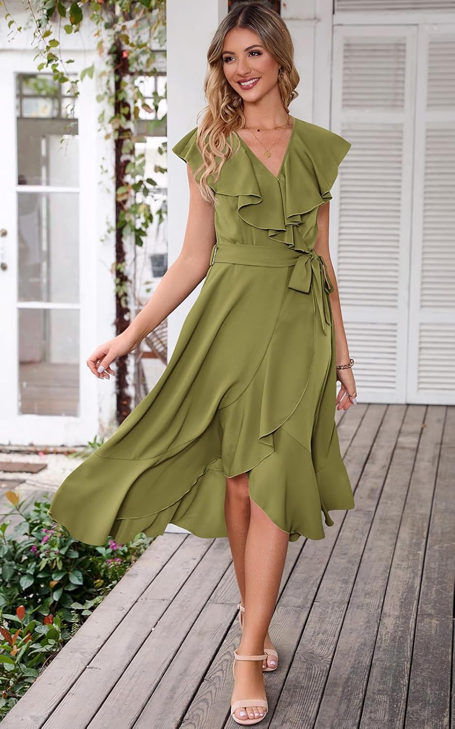PRETTYGARDEN Women's 2025 Summer Cross Midi Dress Casual Boho Deep V Neck Short Sleeve Ruffle Hem Split Beach Long Dresses