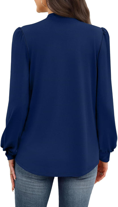 WIHOLL Long Sleeve Shirts for Women Mock Neck Tops Pleated Front Blouses Dressy Casual Fall Clothes 2025 Fashion