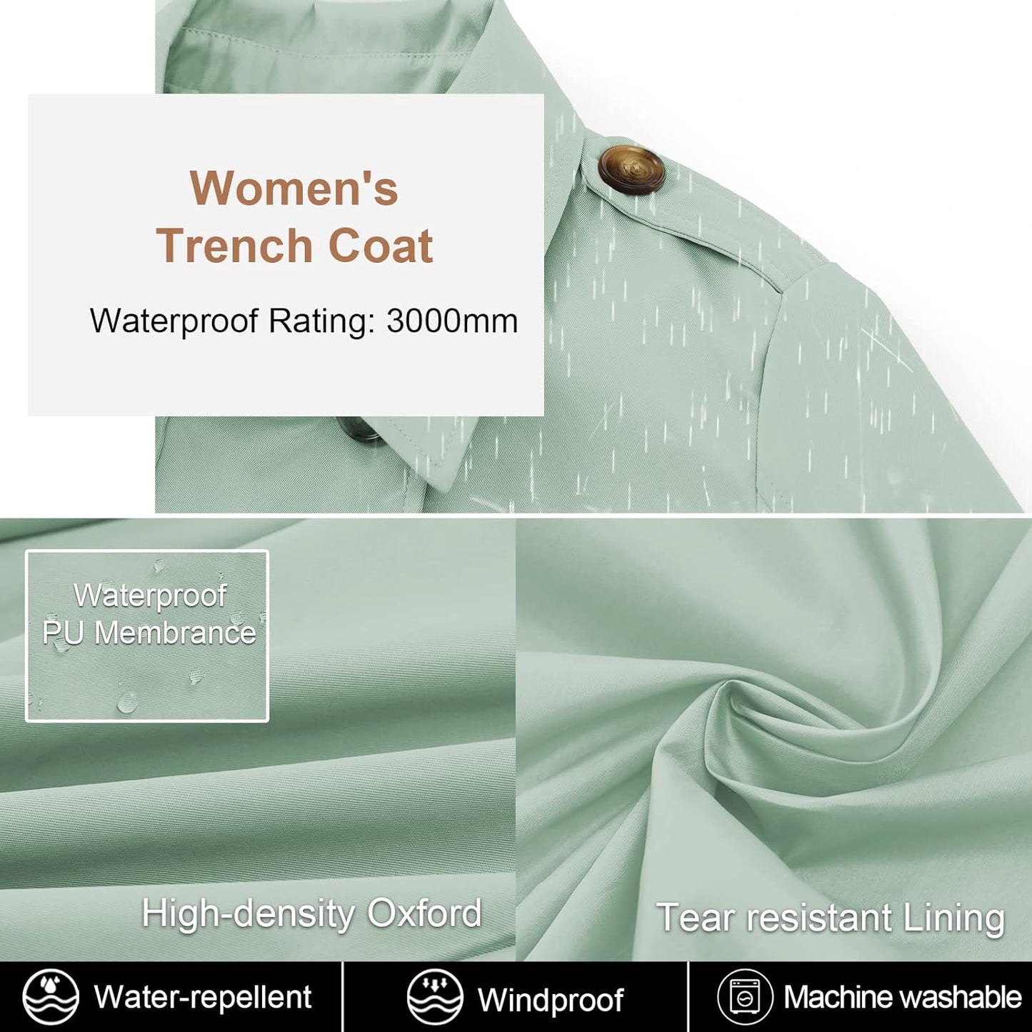 CREATMO US Women's Trench Coat Double-Breasted Classic Lapel Overcoat Belted Slim Outerwear Coat with Detachable Hood