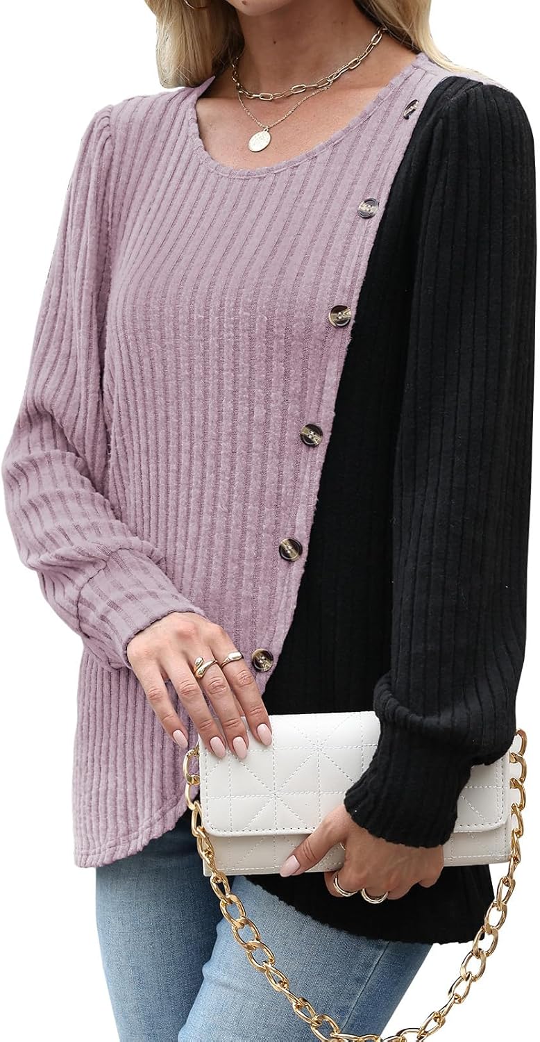 MixShe Womens Knit Sweaters 2025 Fall Winter Casual Long Sleeve Ribbed Colorblock Button Pullover Tops