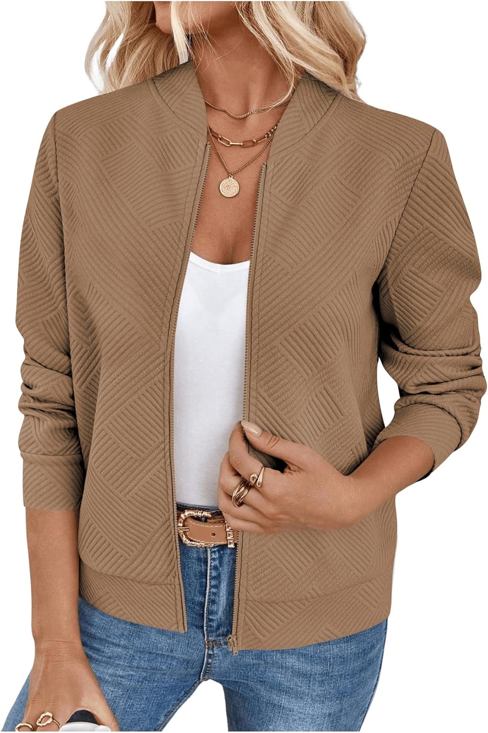 Verdusa Women's Zip Up Textured Lightweight Bomber Jacket Casual Long Sleeve Outerwear