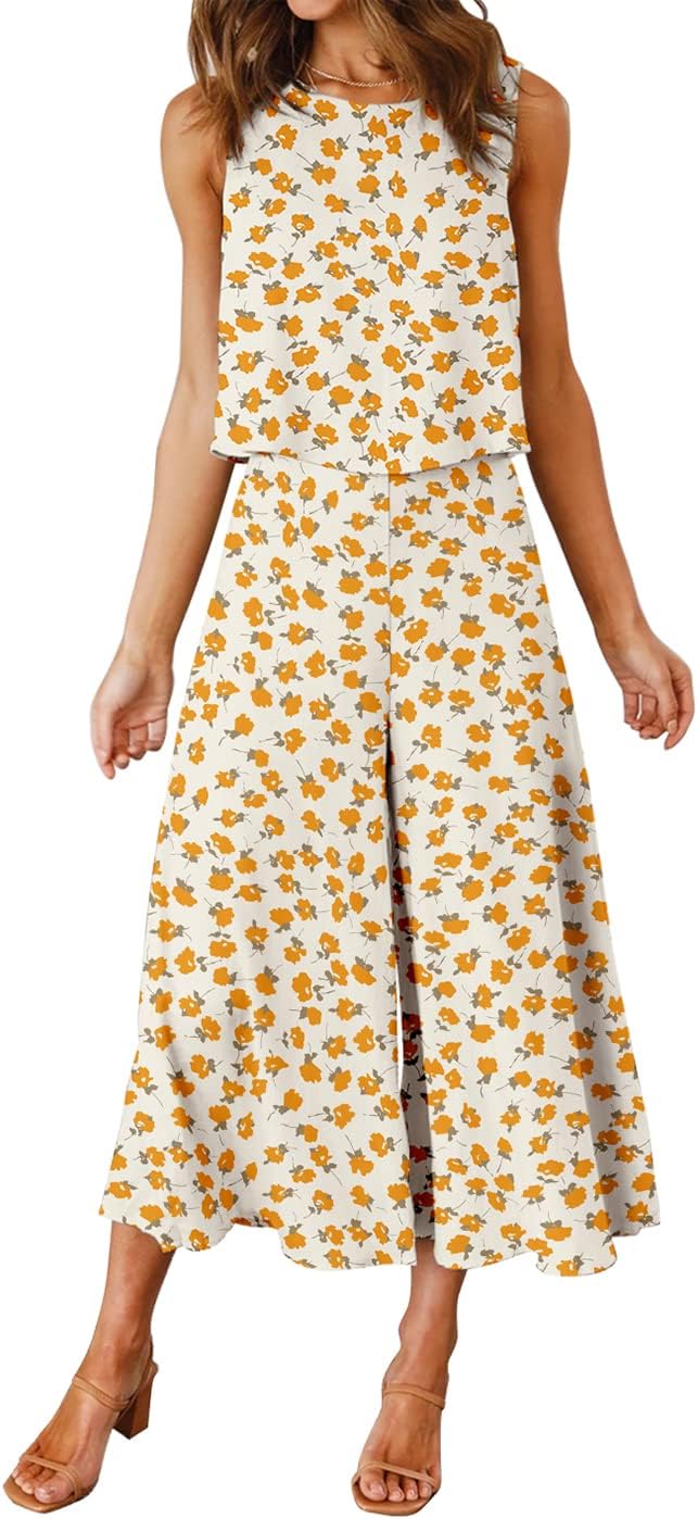 ROYLAMP Women's Summer 2 Piece Outfits Round neck Crop Basic Top Cropped Wide Leg pants Set Jumpsuits