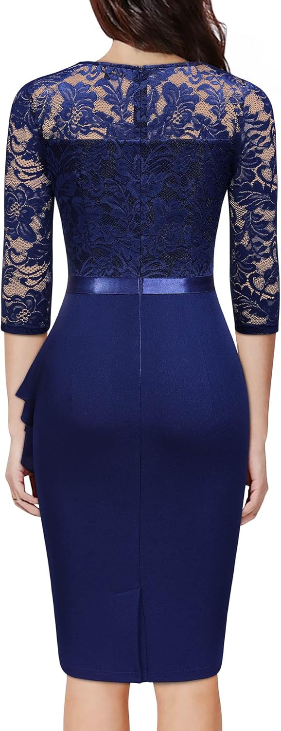 Miusol Women's Retro V Neck Floral Lace Ruffle Style Cocktail Party Dress