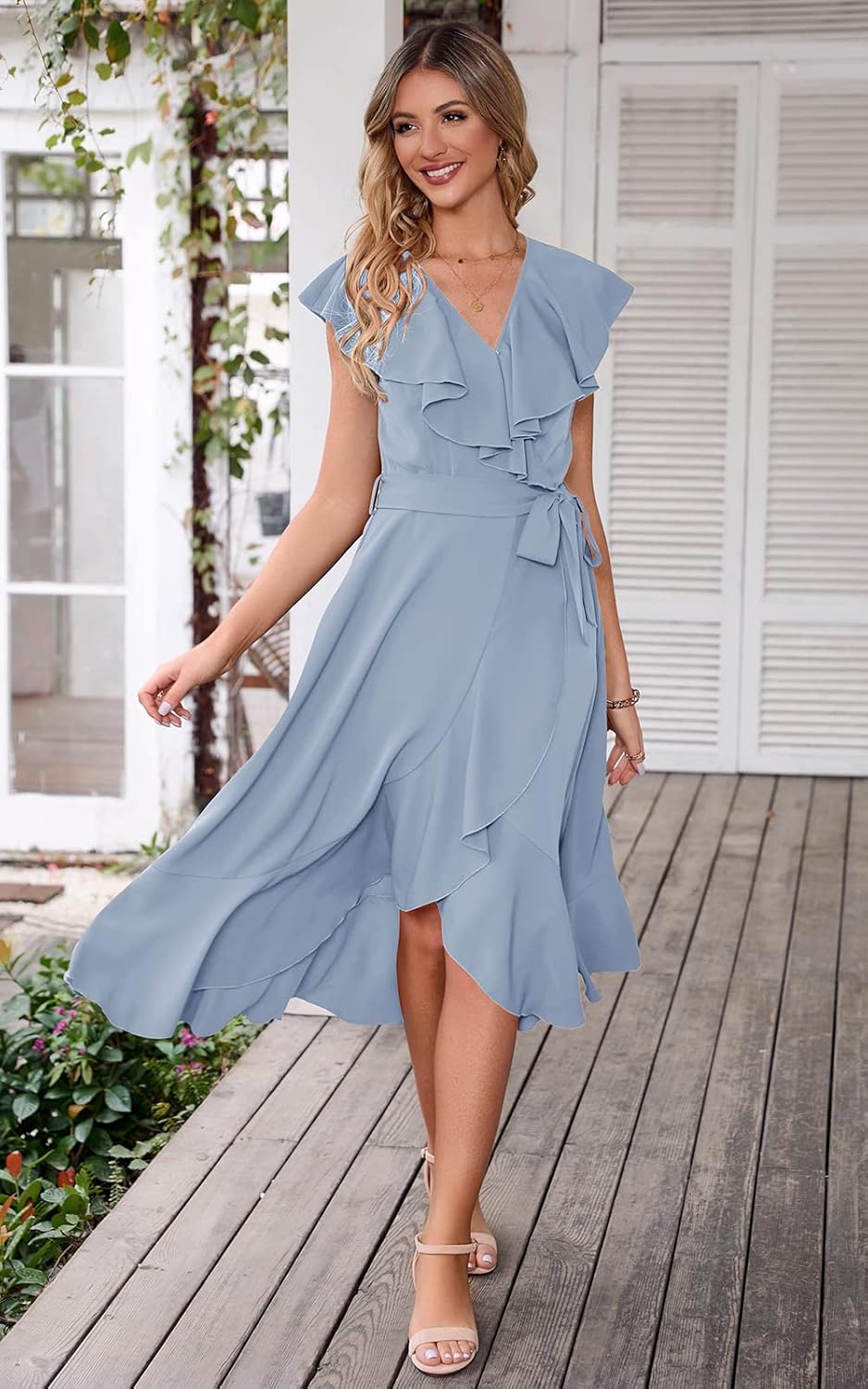 PRETTYGARDEN Women's 2025 Summer Cross Midi Dress Casual Boho Deep V Neck Short Sleeve Ruffle Hem Split Beach Long Dresses