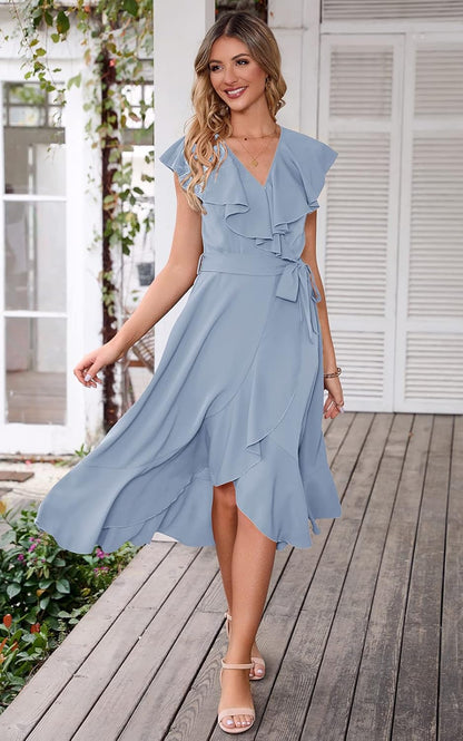 PRETTYGARDEN Women's 2025 Summer Cross Midi Dress Casual Boho Deep V Neck Short Sleeve Ruffle Hem Split Beach Long Dresses