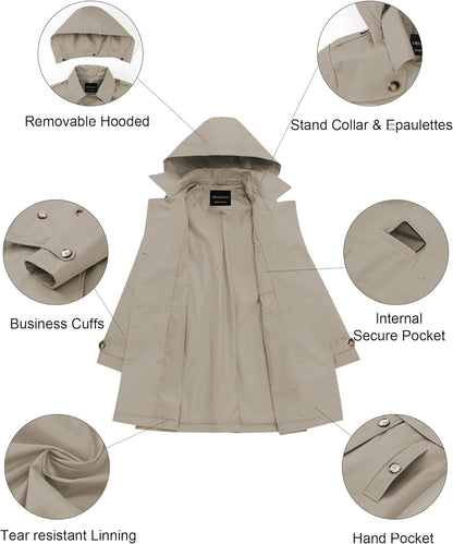 CREATMO US Women's Trench Coat Double-Breasted Classic Lapel Overcoat Belted Slim Outerwear Coat with Detachable Hood