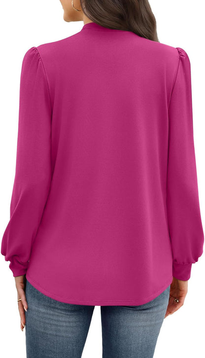 WIHOLL Long Sleeve Shirts for Women Mock Neck Tops Pleated Front Blouses Dressy Casual Fall Clothes 2025 Fashion
