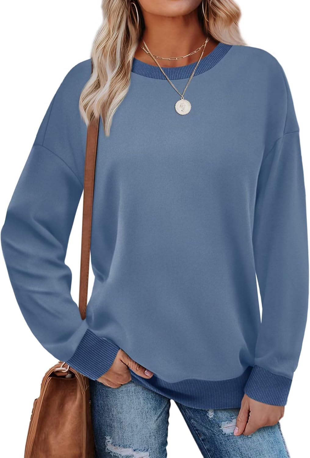 WIHOLL Sweatshirts for Women Crewneck Long Sleeve Loose Fit Sweaters Color Block Ribbed Trim Womens Tops Fall Fashion 2025