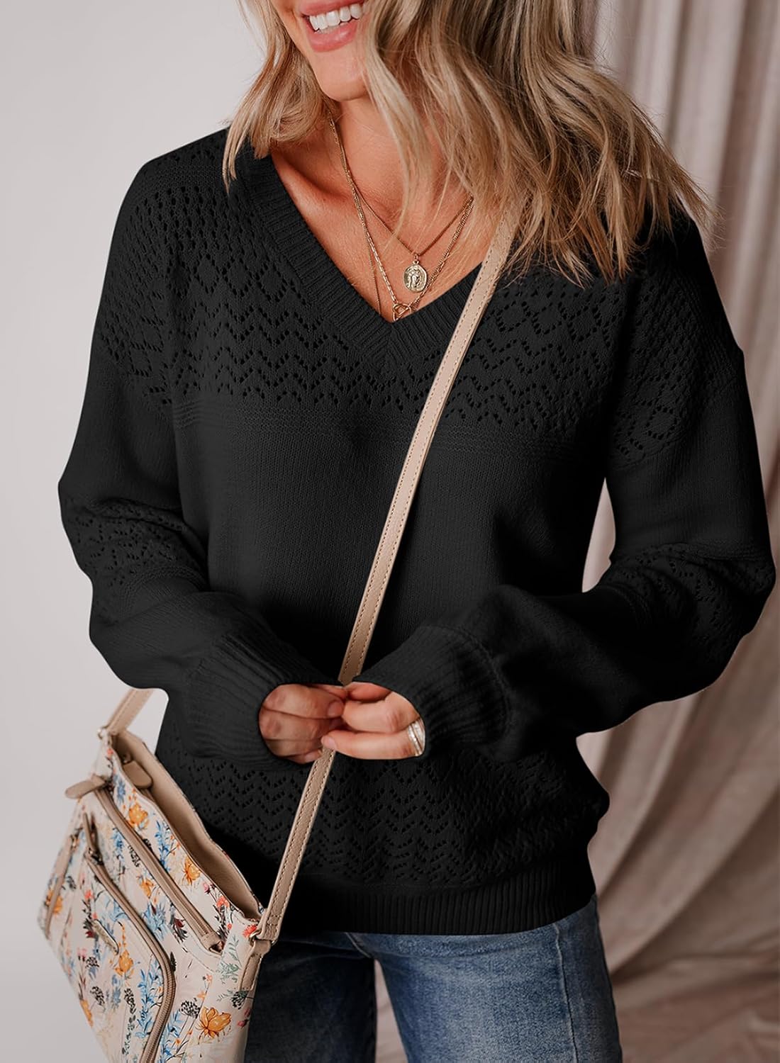Womens Sweaters Causal Long Sleeve V Neck Lightweight Corchet Pullover Sweater Tops