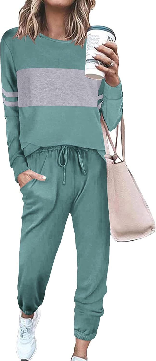 PRETTYGARDEN Women's Color Block 2 Piece 2025 Fall Tracksuit Crewneck Long Sleeve Tops Long Sweatpants Outfits Lounge Sets