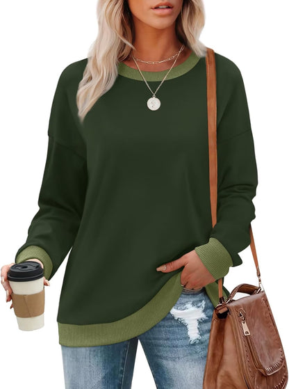 WIHOLL Sweatshirts for Women Crewneck Long Sleeve Loose Fit Sweaters Color Block Ribbed Trim Womens Tops Fall Fashion 2025