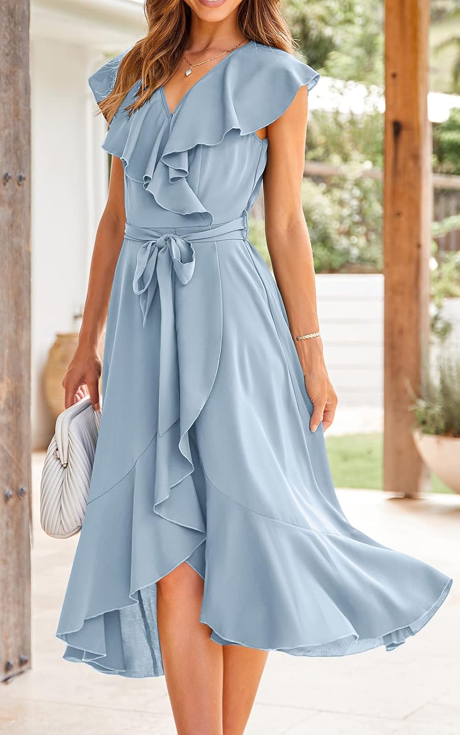 PRETTYGARDEN Women's 2025 Summer Cross Midi Dress Casual Boho Deep V Neck Short Sleeve Ruffle Hem Split Beach Long Dresses