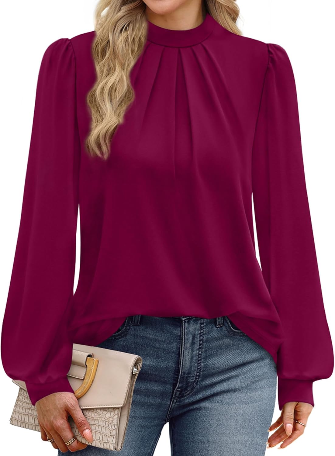 WIHOLL Long Sleeve Shirts for Women Mock Neck Tops Pleated Front Blouses Dressy Casual Fall Clothes 2025 Fashion