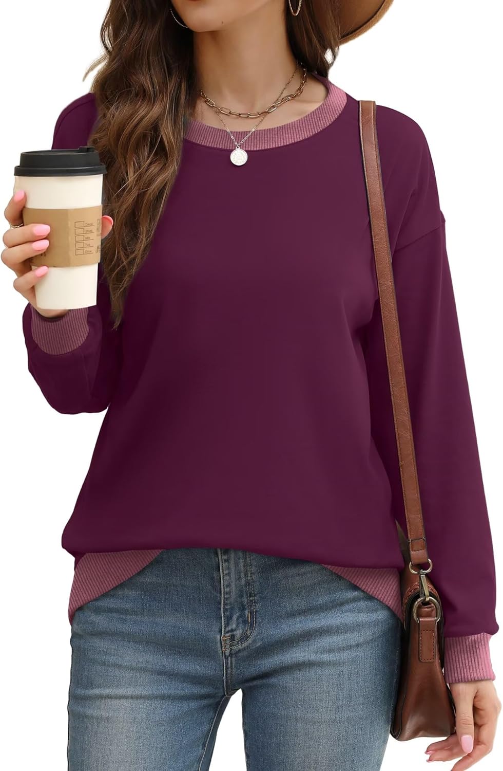 WIHOLL Sweatshirts for Women Crewneck Long Sleeve Loose Fit Sweaters Color Block Ribbed Trim Womens Tops Fall Fashion 2025