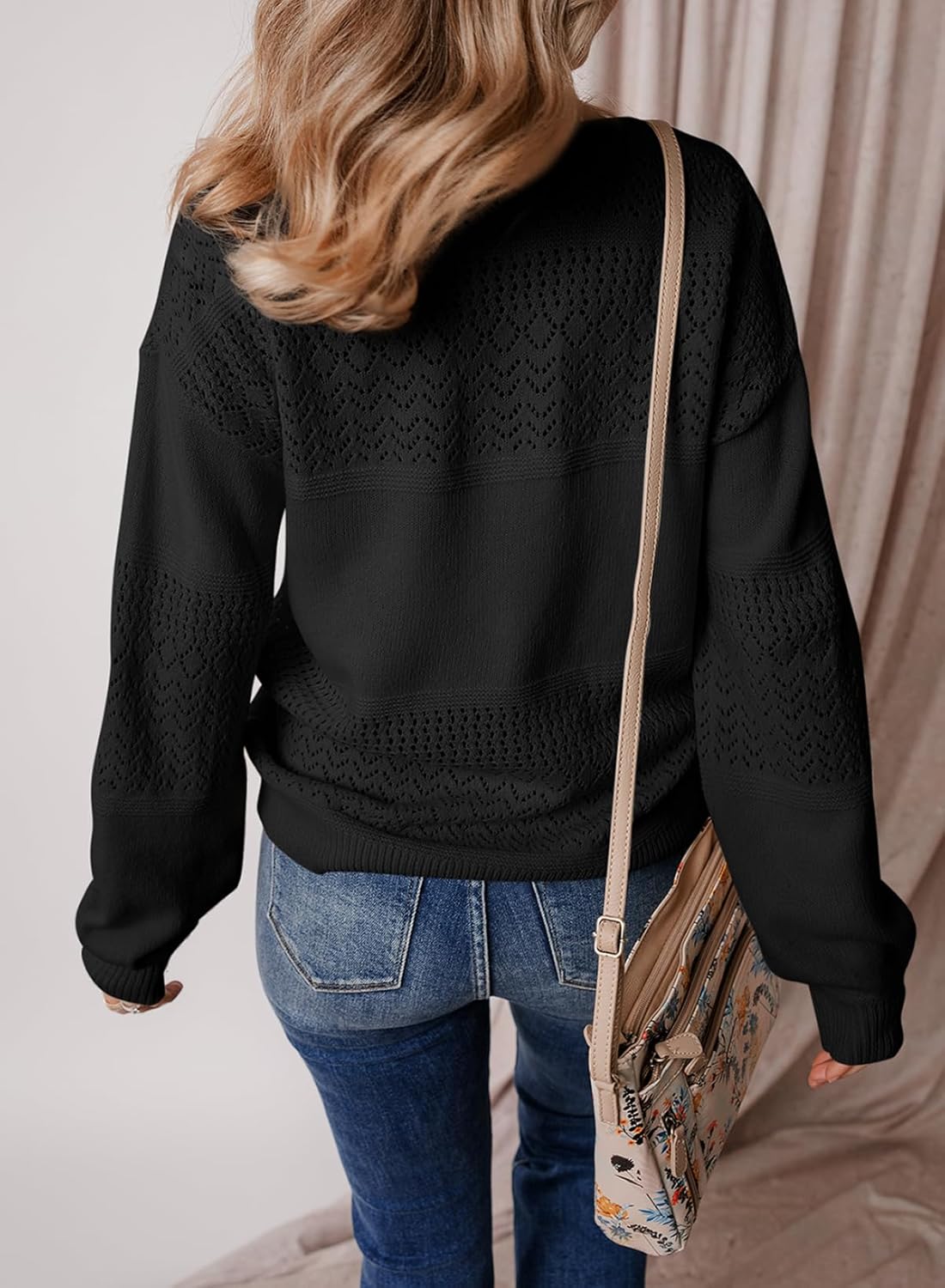 Womens Sweaters Causal Long Sleeve V Neck Lightweight Corchet Pullover Sweater Tops