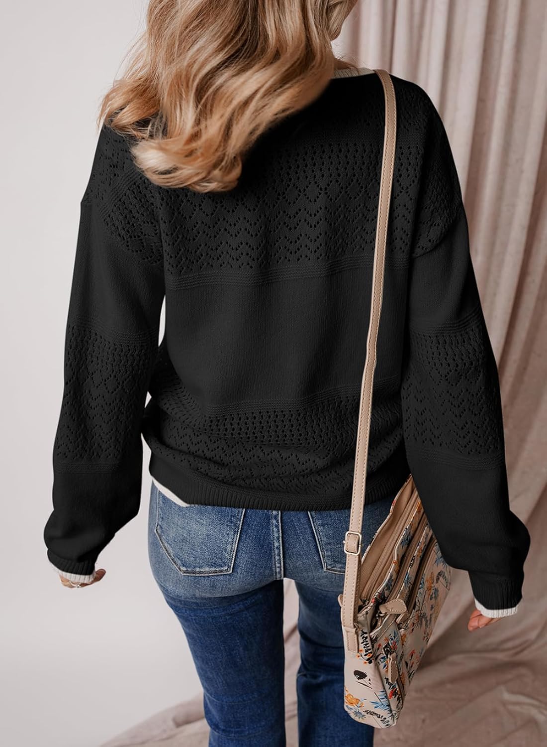 Womens Sweaters Causal Long Sleeve V Neck Lightweight Corchet Pullover Sweater Tops