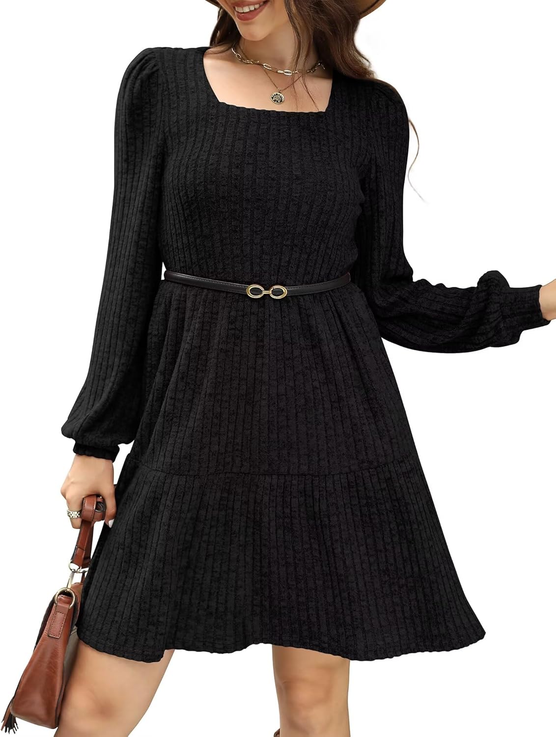 SAMPEEL Fall Dresses for Women 2025 Clothing Trendy Square Neck Long Sleeve A Line Sweater Dress with Pocket