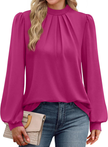 WIHOLL Long Sleeve Shirts for Women Mock Neck Tops Pleated Front Blouses Dressy Casual Fall Clothes 2025 Fashion