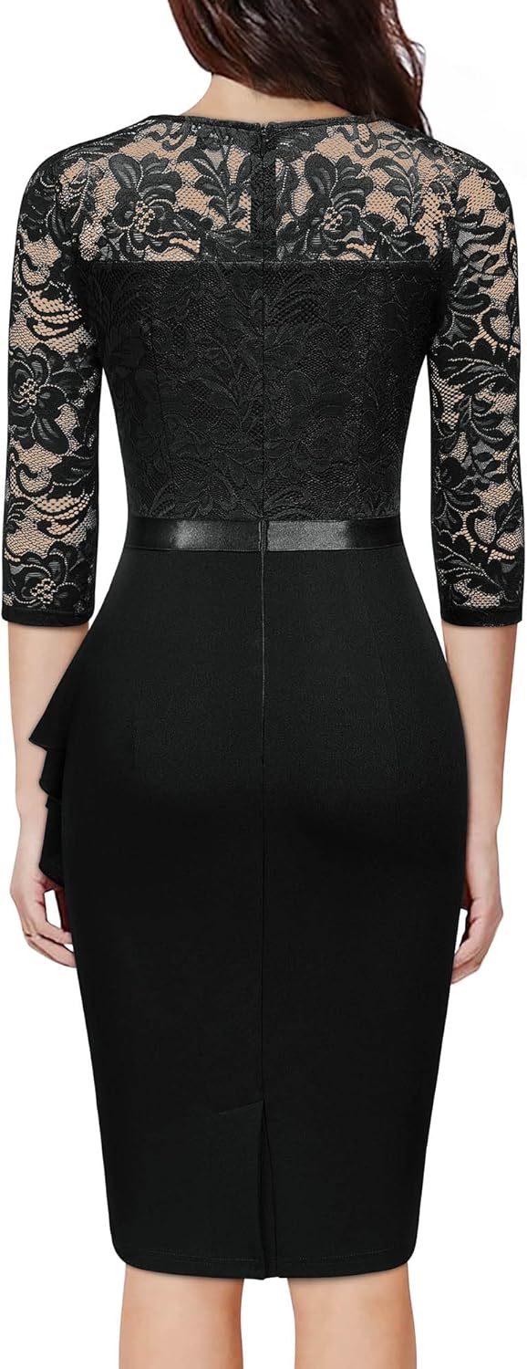 Miusol Women's Retro V Neck Floral Lace Ruffle Style Cocktail Party Dress