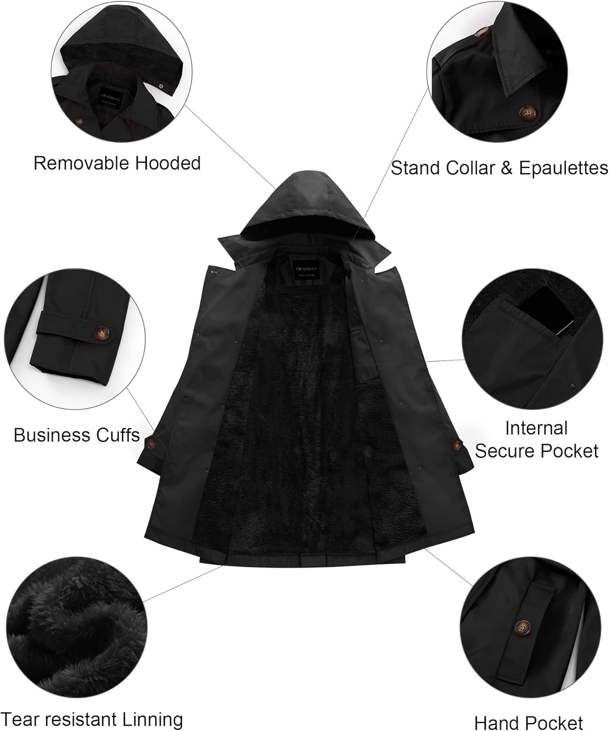 CREATMO US Women's Trench Coat Double-Breasted Classic Lapel Overcoat Belted Slim Outerwear Coat with Detachable Hood