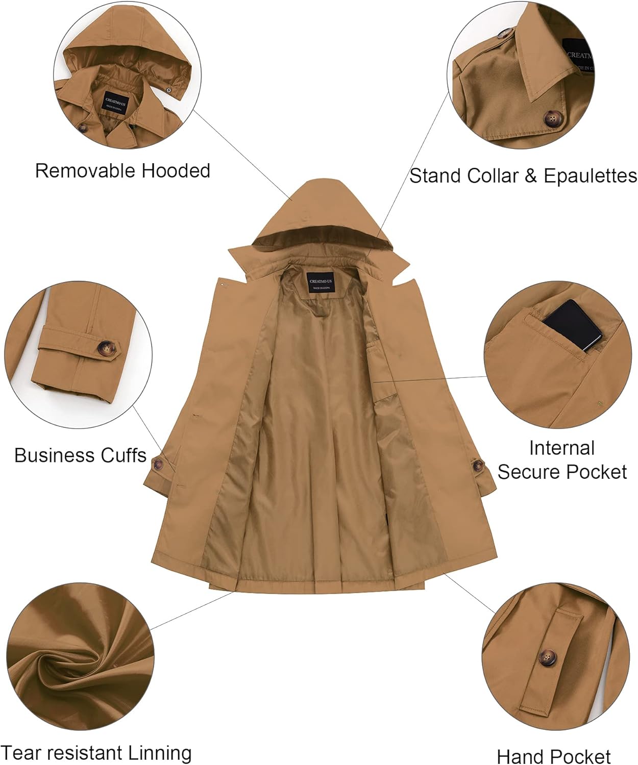 CREATMO US Women's Trench Coat Double-Breasted Classic Lapel Overcoat Belted Slim Outerwear Coat with Detachable Hood