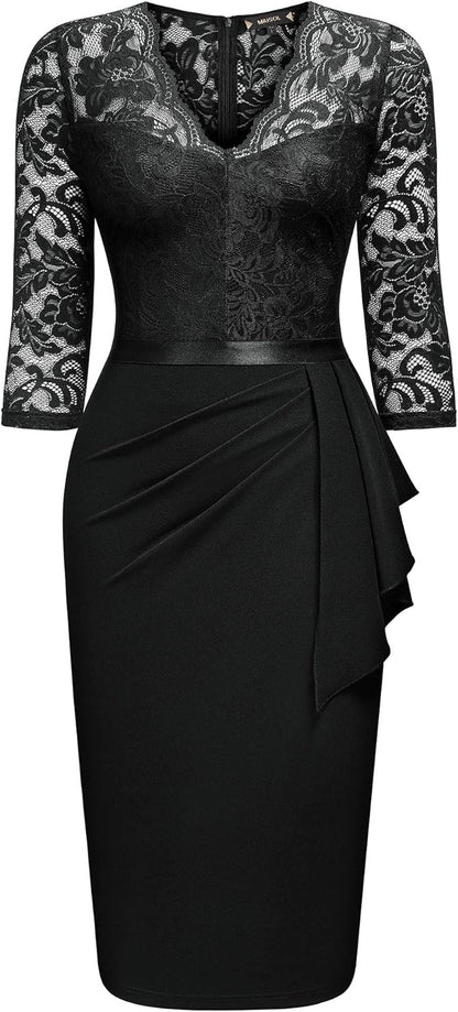 Miusol Women's Retro V Neck Floral Lace Ruffle Style Cocktail Party Dress