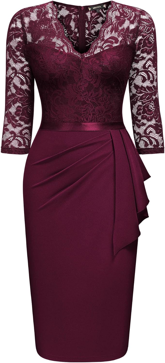 Miusol Women's Retro V Neck Floral Lace Ruffle Style Cocktail Party Dress